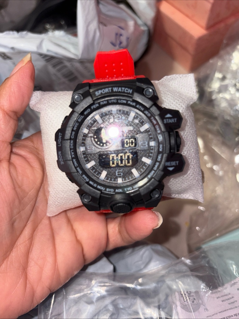 Rugged Sport Watch with Red Silicone Strap